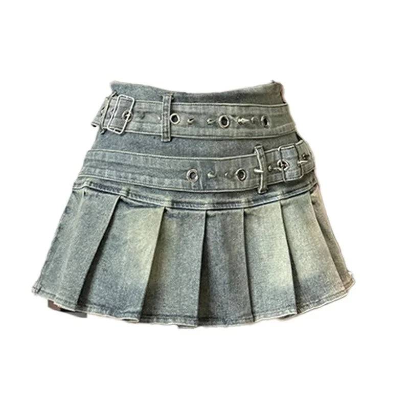 Woman Vintage Denim Pleated Skirt Lace Fold Design A-line Short Skirt Built in Shorts American Spicy Girl Korea Fashion Hotsweet