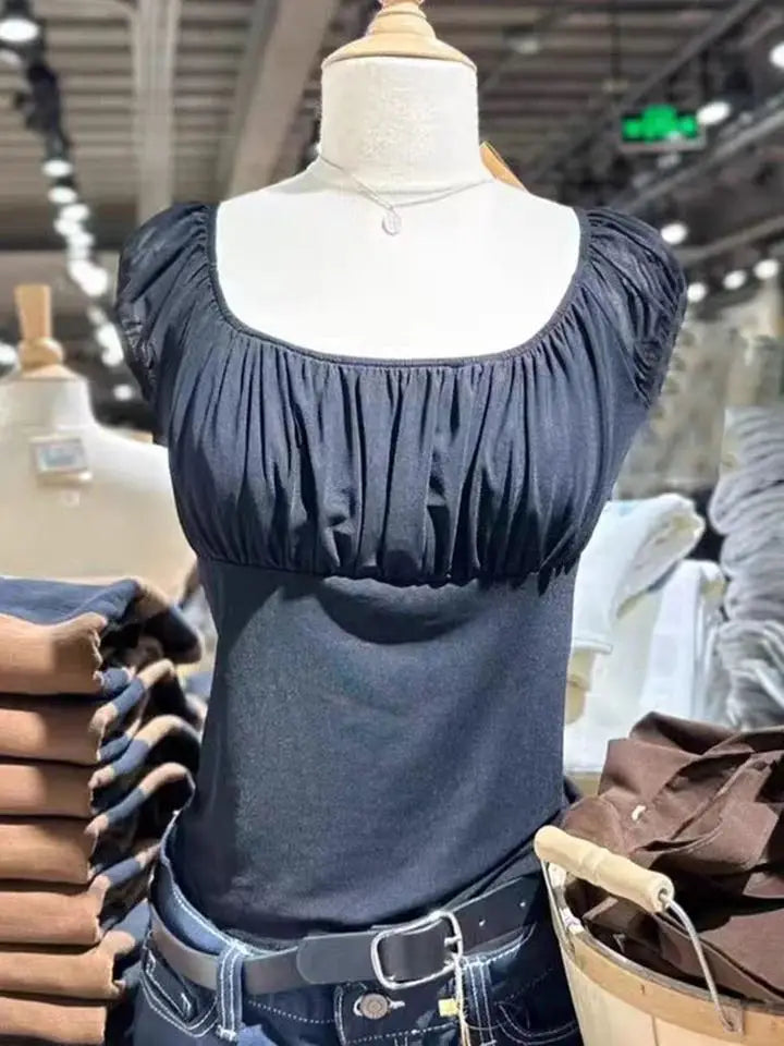 Pink Ruffle Slim Short Sleeve Tee Women Summer Square Collar Cotton Mesh Folds T-shirts Female Aesthetic Sweet Cute Y2K Tops New