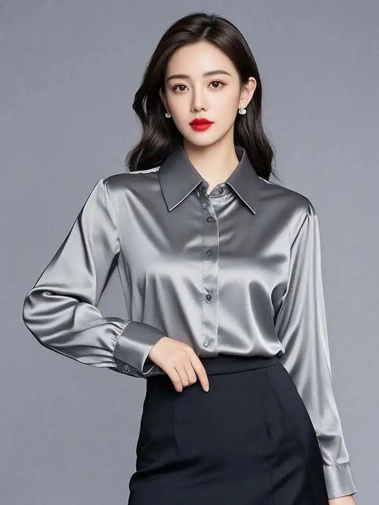 Elegant Silk Office Shirts Women Korean Fashion Y2k Clothes Slim Long Sleeve White Black Blusas Mujer Workwear Tops Blouses LS84