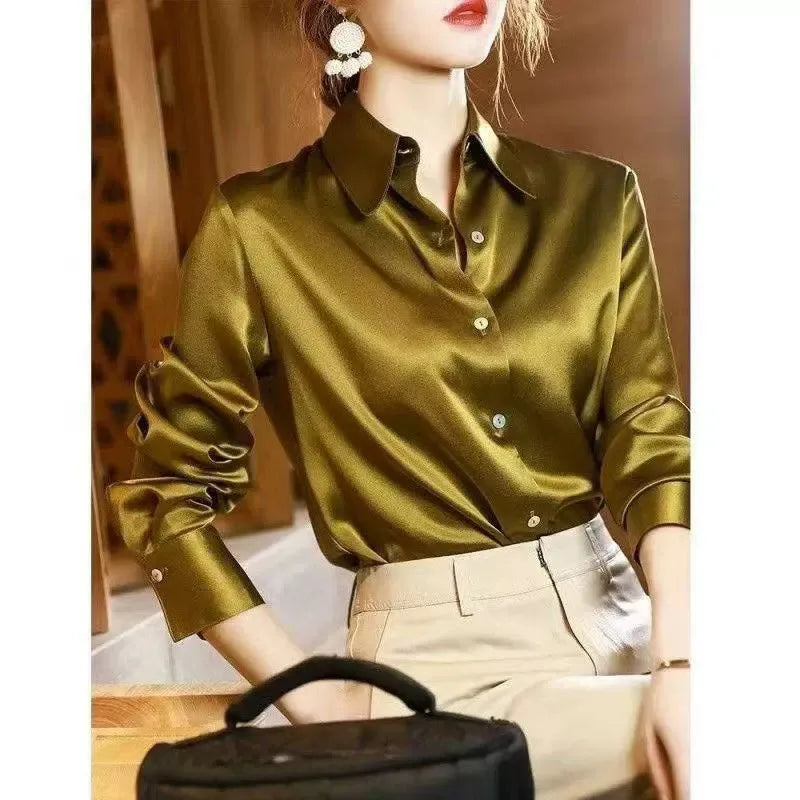 Elegant Silk Office Shirts Women Korean Fashion Y2k Clothes Slim Long Sleeve White Black Blusas Mujer Workwear Tops Blouses LS84