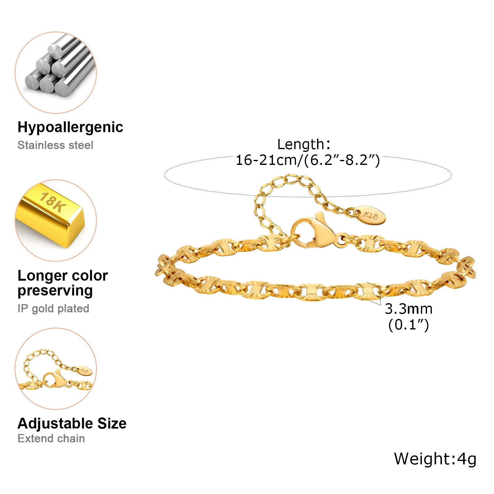 18K Gold Plated Link Bracelet for Women, Stainless Steel Stackable Chain Wristband, Adjustable Waterproof Jewelry