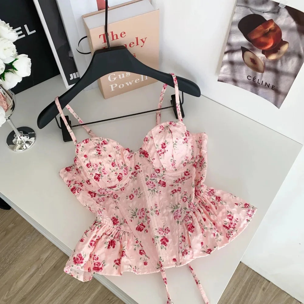 Sexy Slim  Corset ruffle print Chic Korean Camis Tank Top Basic Fashion Off Shoulder Summer Women Clothing