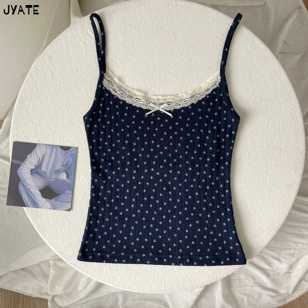 Cute Cartoon Lace Trim Tank Tops Women Summer New Slim Cotton Sleeveless Vests Vintage Sweet Preppy Style Camisole Y2K Clothes