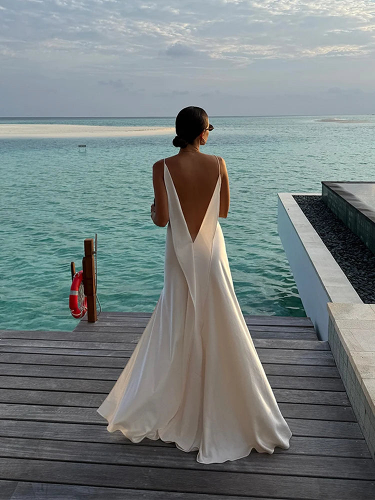 Women's Elegant Satin V Neck Long Dress Sleeveless Backless High Fork Robes Vacation Beach Maxi Vestidos 2026 New Lady Dresses