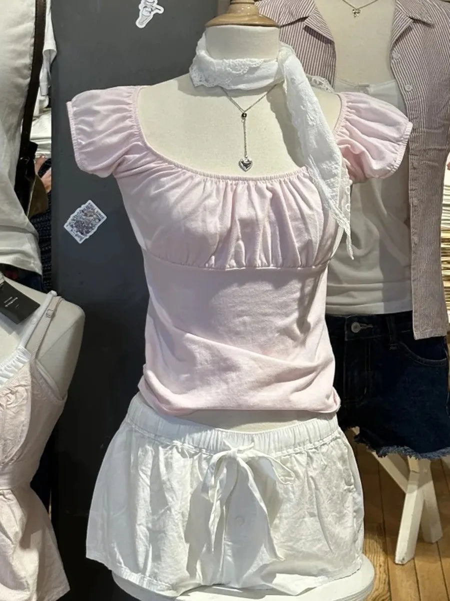 Pink Ruffle Slim Short Sleeve Tee Women Summer Square Collar Cotton Mesh Folds T-shirts Female Aesthetic Sweet Cute Y2K Tops New