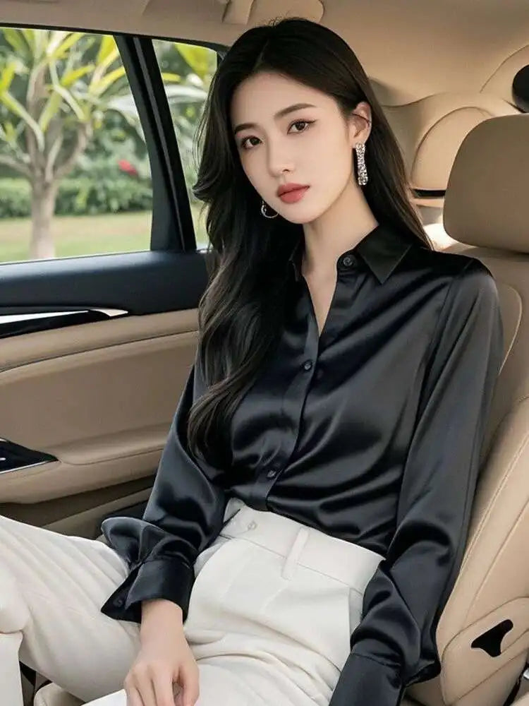 Elegant Silk Office Shirts Women Korean Fashion Y2k Clothes Slim Long Sleeve White Black Blusas Mujer Workwear Tops Blouses LS84
