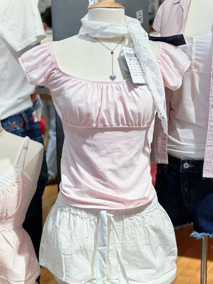 Pink Ruffle Slim Short Sleeve Tee Women Summer Square Collar Cotton Mesh Folds T-shirts Female Aesthetic Sweet Cute Y2K Tops New