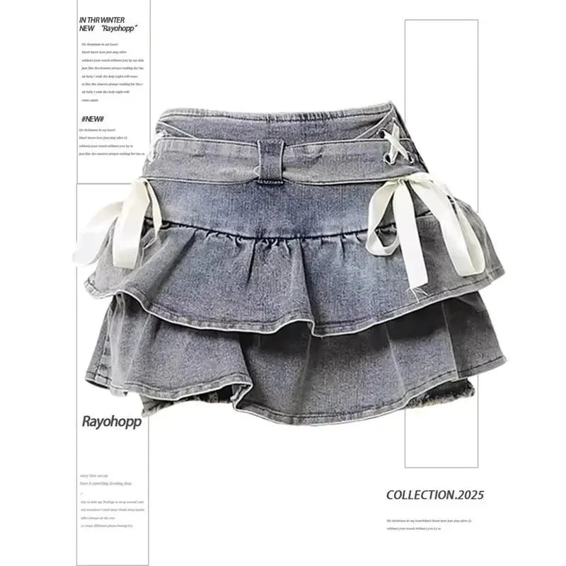 Woman Vintage Denim Pleated Skirt Lace Fold Design A-line Short Skirt Built in Shorts American Spicy Girl Korea Fashion Hotsweet