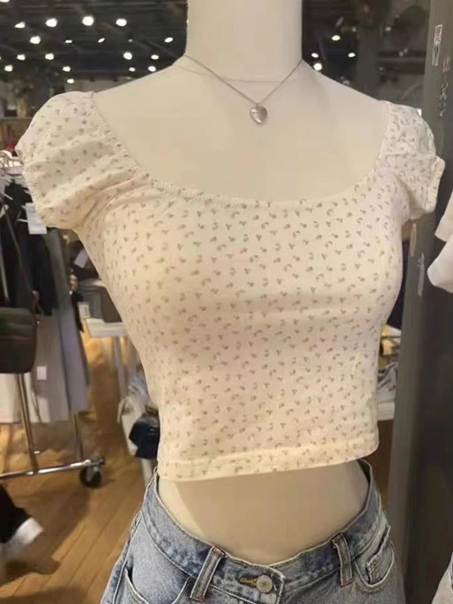 Pink Ruffle Slim Short Sleeve Tee Women Summer Square Collar Cotton Mesh Folds T-shirts Female Aesthetic Sweet Cute Y2K Tops New