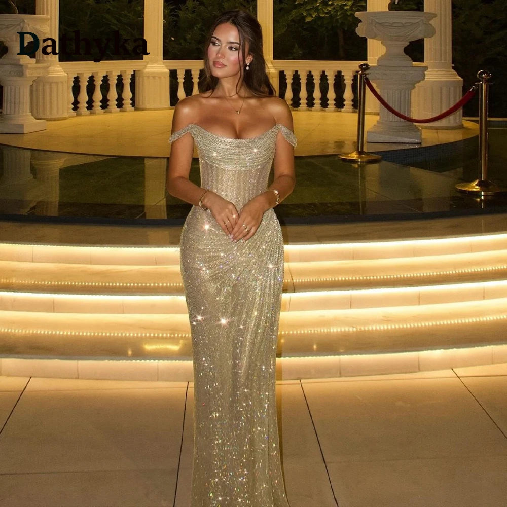 Dathyka Bling Trumpet Prom Dresses for Women Pleated Sequins Corset Evening Gowns Vestidos De Noche Party Plus Customized