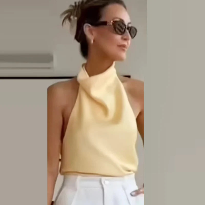HXAO Satin Halter Top Women Summer 2025 Black Yellow Tanks & Camis Crop Smooth Off Shoulder Tank Top Sleeveless Backless Vests