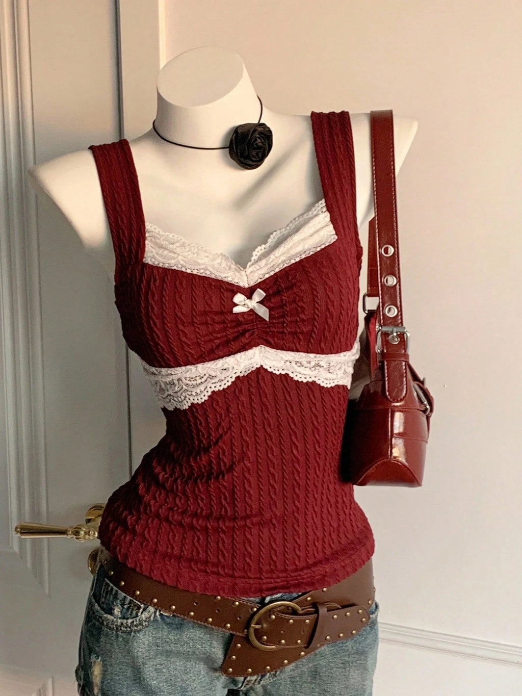 Y2K Summer Fashion New Lace Splicing Bow Decoration Pure Desire Women's Tank Top