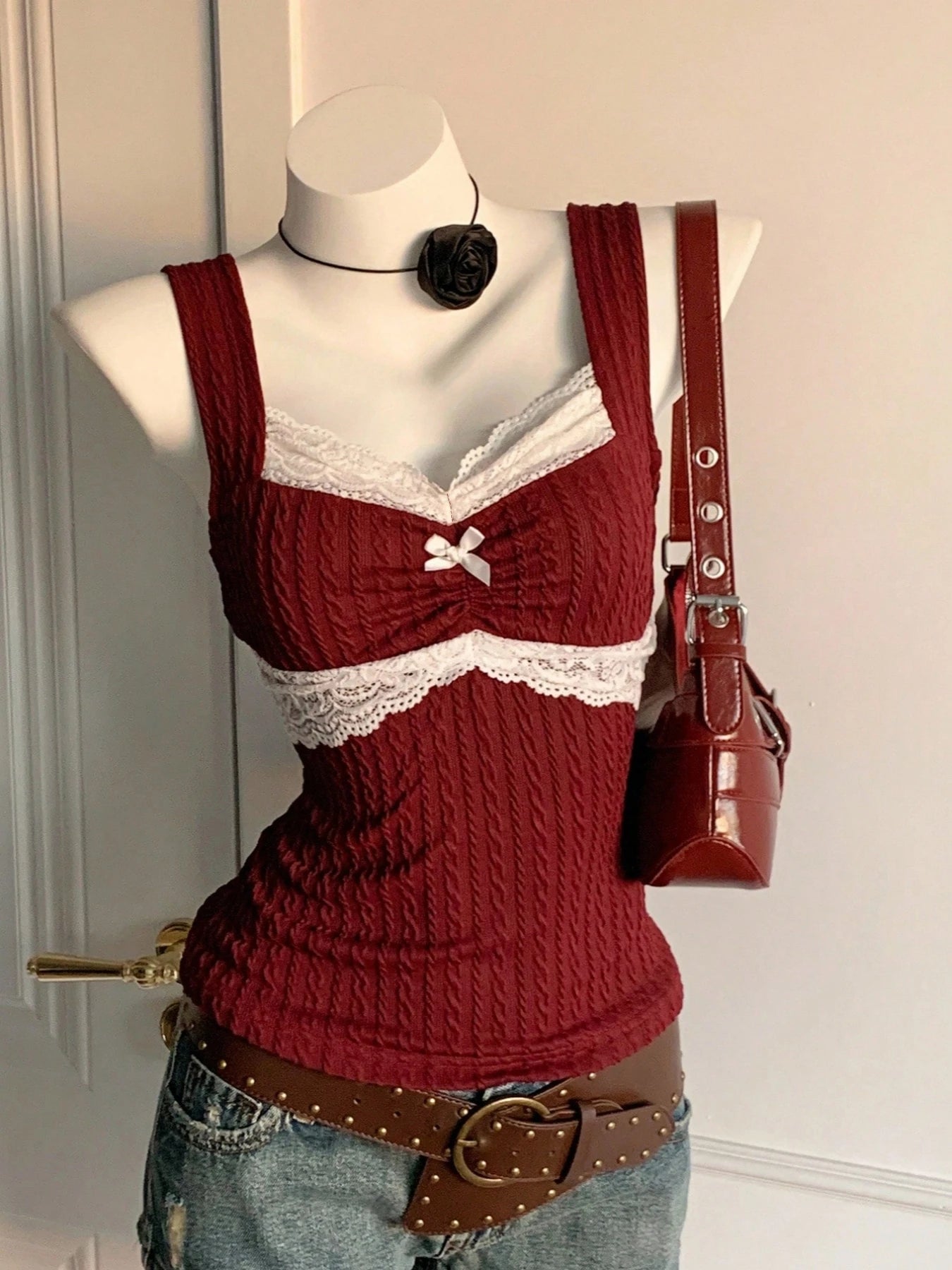 Y2K Summer Fashion New Lace Splicing Bow Decoration Pure Desire Women's Tank Top