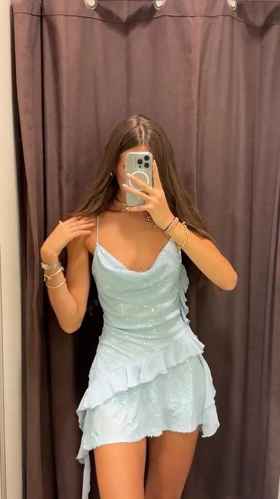 Women's Sequin Spaghetti Strap Dress Ruffle Hem Bodycon Mini Dresses Sexy Sparkly Party Club Night Out Short Cocktail Gown 2026