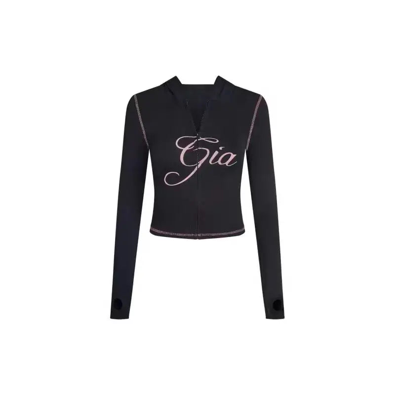 gia slim fit letter printed open thread design hooded zipper short jacket pants set
