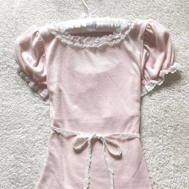 Deeptown Coquette Sweet T-shirts Women Pink Kawaii Bow Elegant Short Sleeve Tees Korean Fashion Lace Patchwork Slim T-Shirts