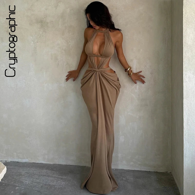 Halter Cut-Out Draped Super-Cut Back Bare Elegant Party Maxi Dress Waistless Backless Sleeveless Khaki Evening Prom Long Dress