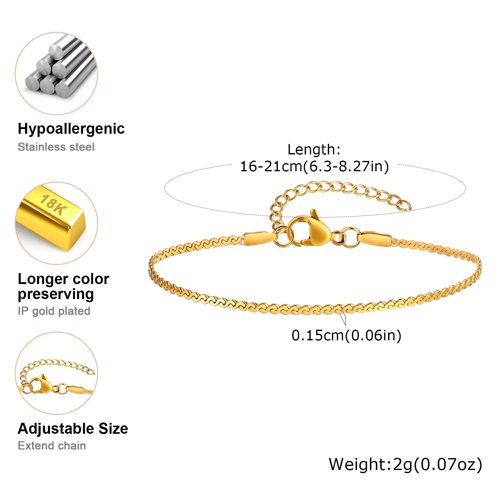 18K Gold Plated Link Bracelet for Women, Stainless Steel Stackable Chain Wristband, Adjustable Waterproof Jewelry
