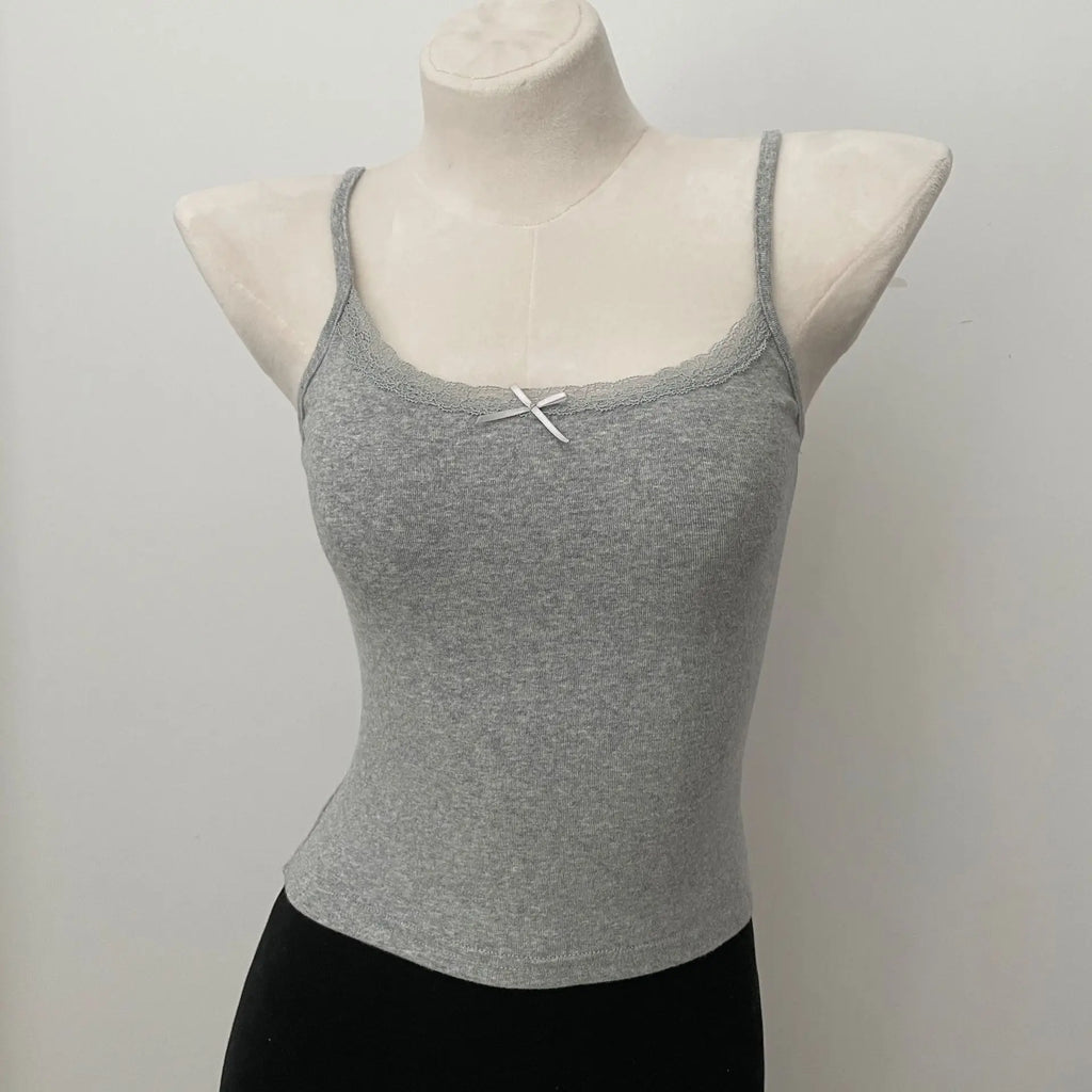 Floral Print Lace Trim Camis Women Summer New Bow Slim Sleeveless Crop Tops Vest Sweet Cute Sexy Preppy Style Tank Top Y2k Chic
