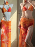 Women Sexy Beach Swimsuit 3 Piece Sets Summer Hotsweet Bikini Halter Tops Fashion Slim Lace Up Print Slit Lady Long Skirt