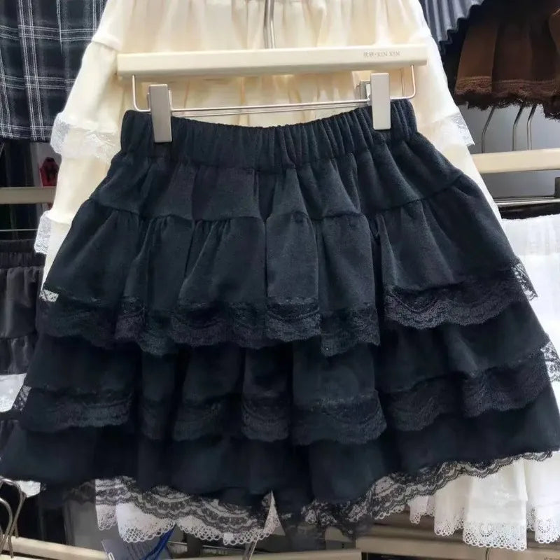 Woman Vintage Denim Pleated Skirt Lace Fold Design A-line Short Skirt Built in Shorts American Spicy Girl Korea Fashion Hotsweet