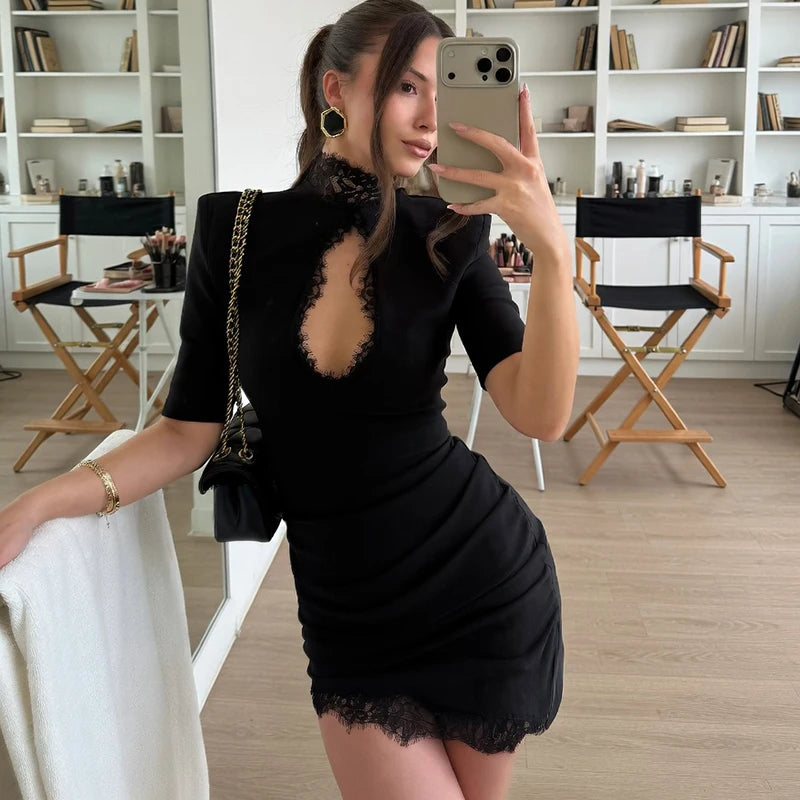 Tornova Sexy Hollow Lace Mini Dress For Women Fashion High Waist Short Sleeve Dress 2025 Autumn New Club Party Slim Black Dress