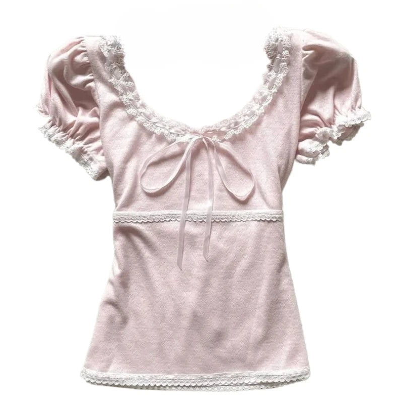 Deeptown Coquette Sweet T-shirts Women Pink Kawaii Bow Elegant Short Sleeve Tees Korean Fashion Lace Patchwork Slim T-Shirts