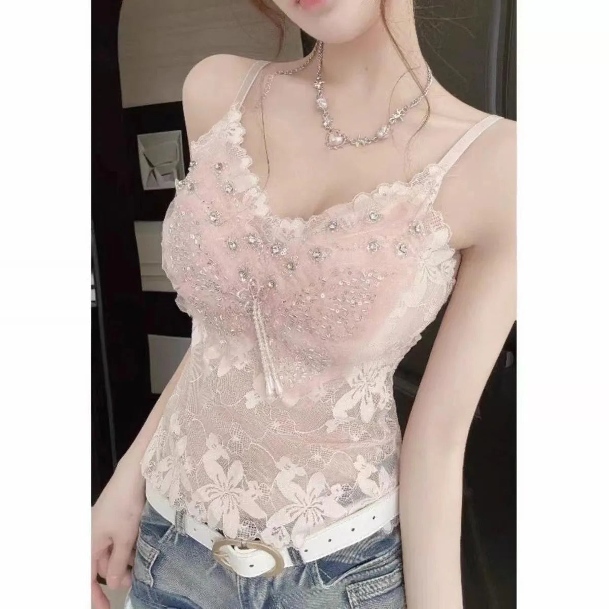 Sexy Lace Embellished Pure Desire Backless Tank Top Women's Summer Design Versatile Outerwear Short Sleeve  Color