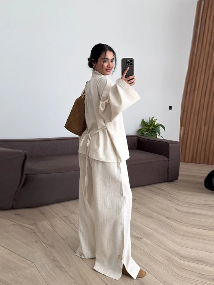 Cotton Lined Women's Pants Set Mandarin Collar Frog Button Full Sleeve Shirt Wide Leg Pant Suit Lady 2026 Spring Woman Outwear