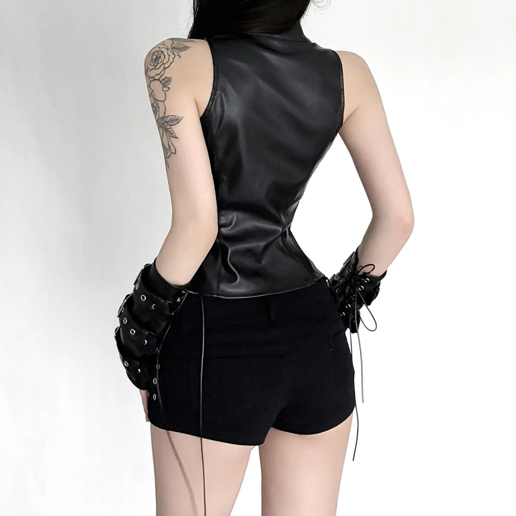 Punk Street Style Spice Girl Turtleneck Metal Buckle Pu Leather Vest Slim Fit Sexy Short Sleeveless Top