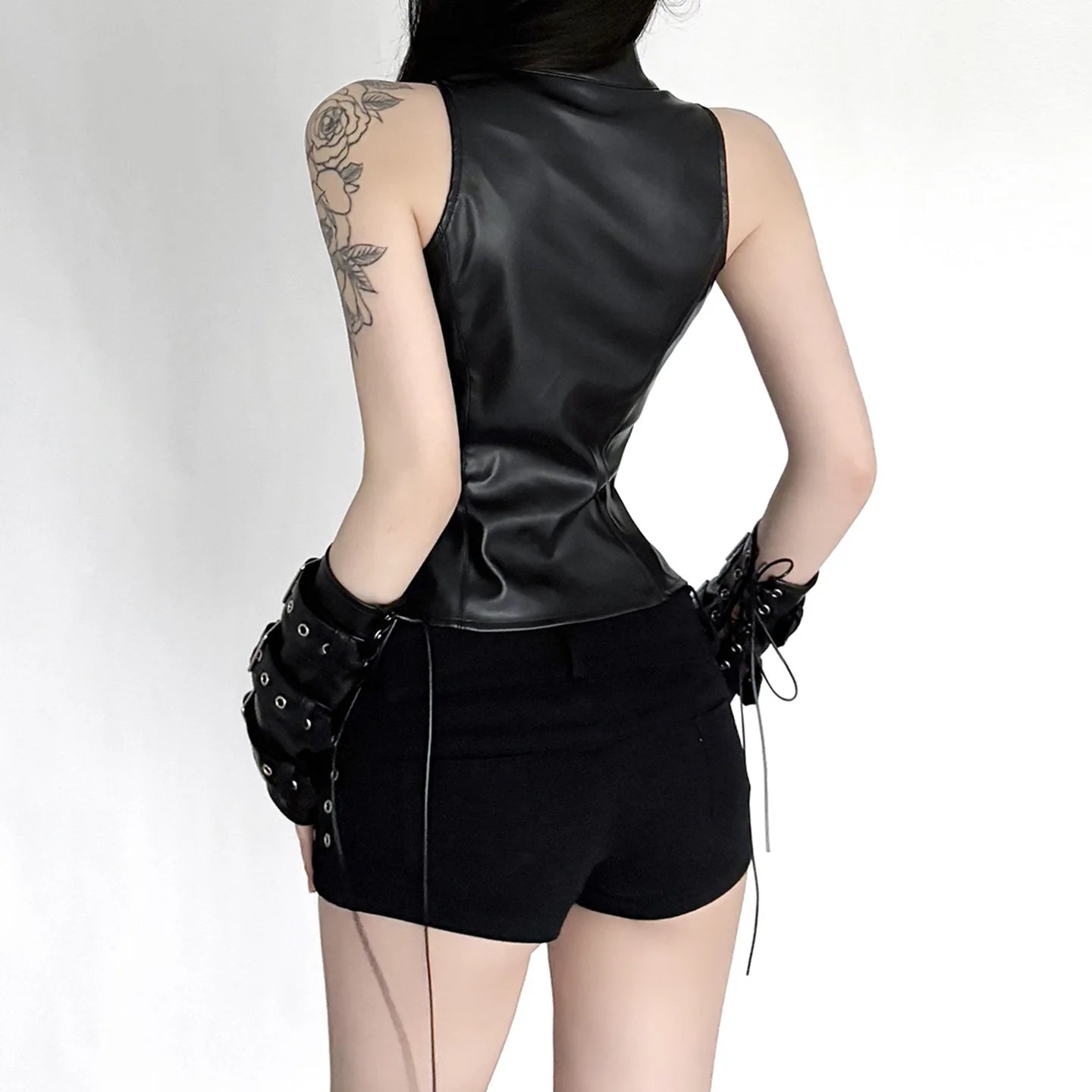 Punk Street Style Spice Girl Turtleneck Metal Buckle Pu Leather Vest Slim Fit Sexy Short Sleeveless Top