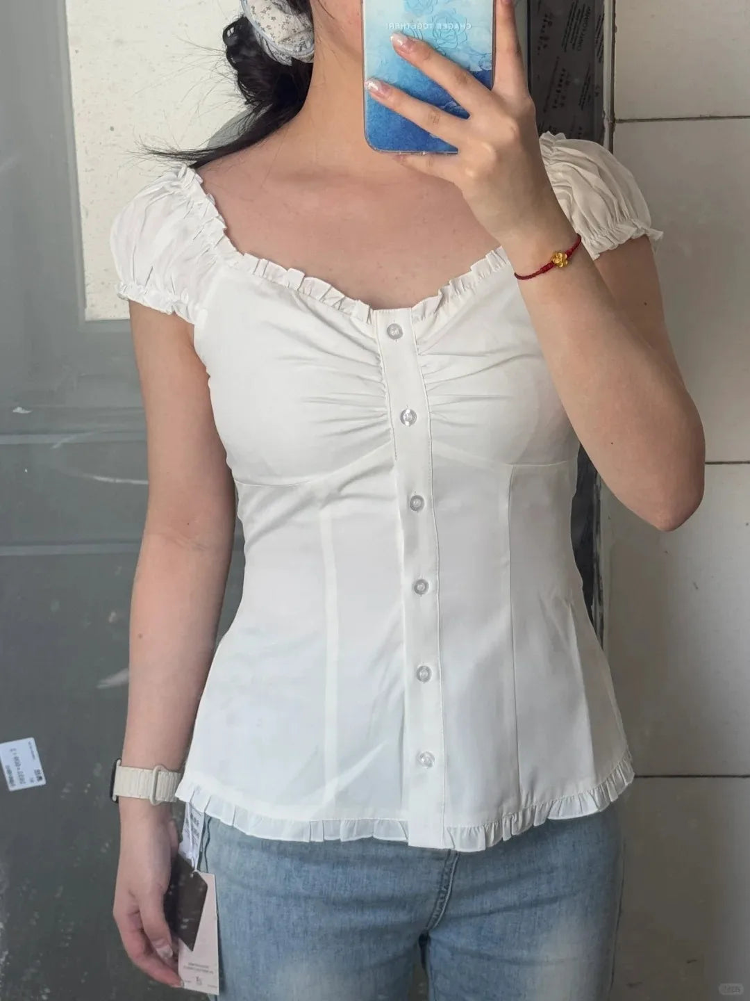 Pink Floral Print Cinched T-shirt Blouse Women Sexy Folds Square Collar Lace-up T-shirts Summer Sweet Vintage Backless Tops Tees