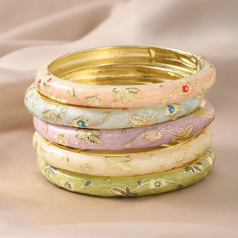 FTCY 5PCS Fine Small Flower Cloisonne Enamel Bangles For Women Vintage Bohemian Oil-drop bracelet Elegant Jewelry Gifts
