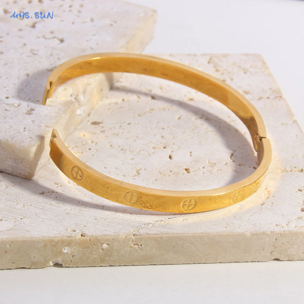MHS.SUN Simple Cross Stainless Steel Bangle Can Open Bracelet For Women Men Waterproof Gold Color Daily Cuff Jewelry 1PC