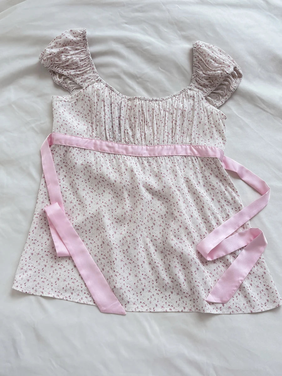 Pink Floral Print Cinched T-shirt Blouse Women Sexy Folds Square Collar Lace-up T-shirts Summer Sweet Vintage Backless Tops Tees
