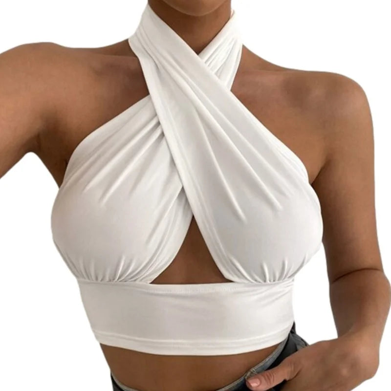 y2k Halter Top Women Summer Clothes Solid Color Sleeveless Backless Vest T Shirt 2000s Aesthetic Clothing Streetwear
