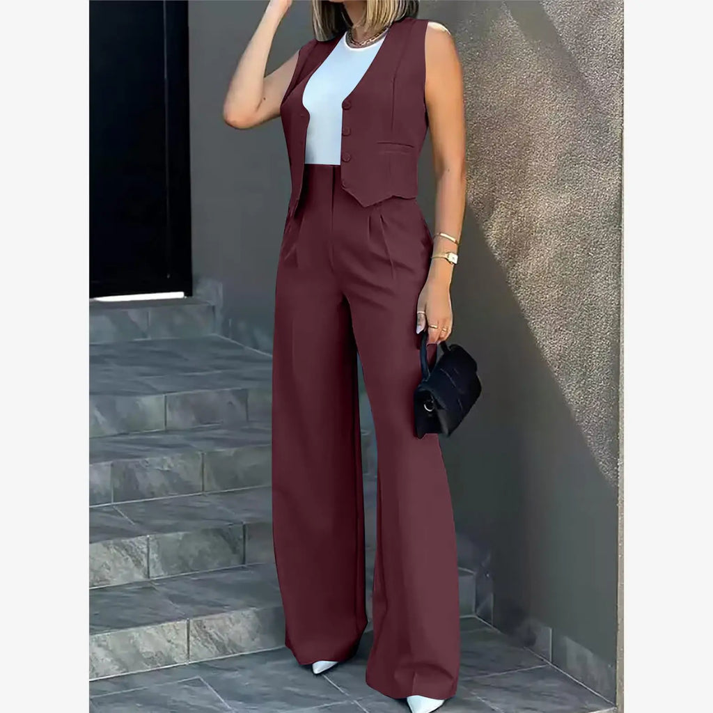 Fashionable Women's Casual Suit Set Wide Leg Pants Vest Two-Piece Outfit Chic Workwear Winter Office Ensemble for Middle-Aged...