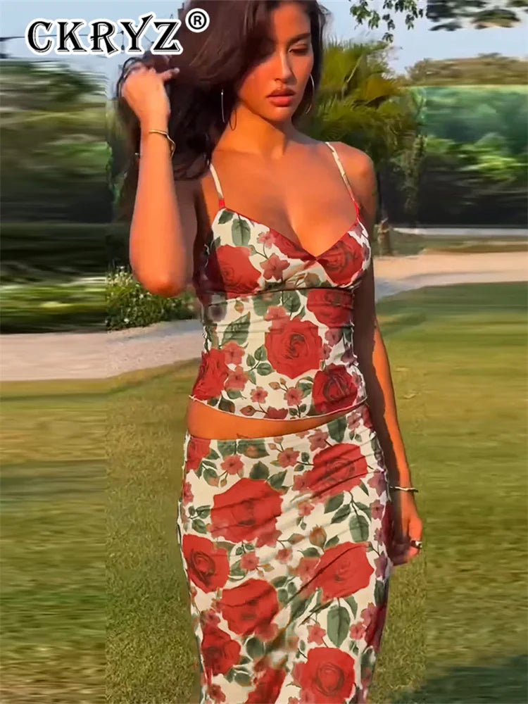 Ladies Summer Floral Print Fashion 2 Piece Set Beach Vacation Sleeveless Backless Top Long Skirts Matching Sets Women Birthday