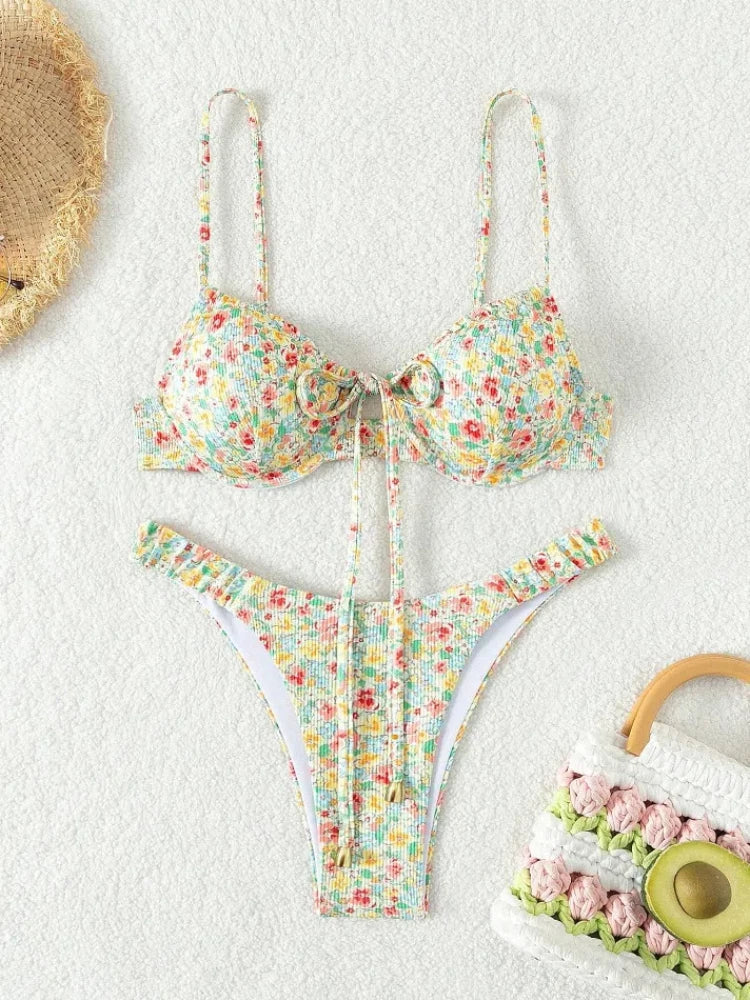 New Sexy Floral Print Push Up Bikini 2024 Women Swimwear Female Swimsuit Two Pieces Thong Bikini Set Bather Bathing Suit Beach