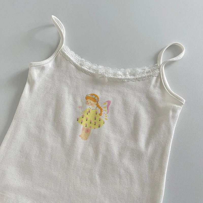 Cute Cartoon Lace Trim Tank Tops Women Summer New Slim Cotton Sleeveless Vests Vintage Sweet Preppy Style Camisole Y2K Clothes