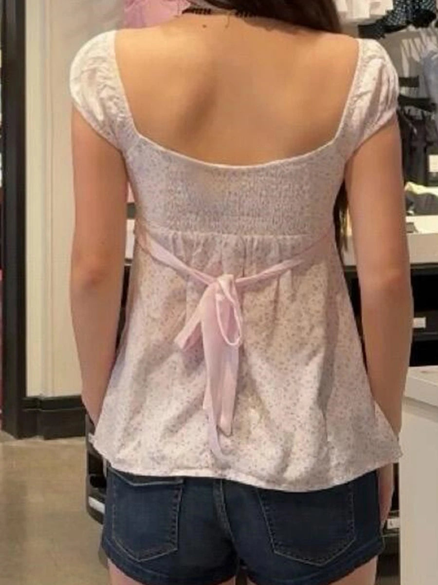 Pink Floral Print Cinched T-shirt Blouse Women Sexy Folds Square Collar Lace-up T-shirts Summer Sweet Vintage Backless Tops Tees