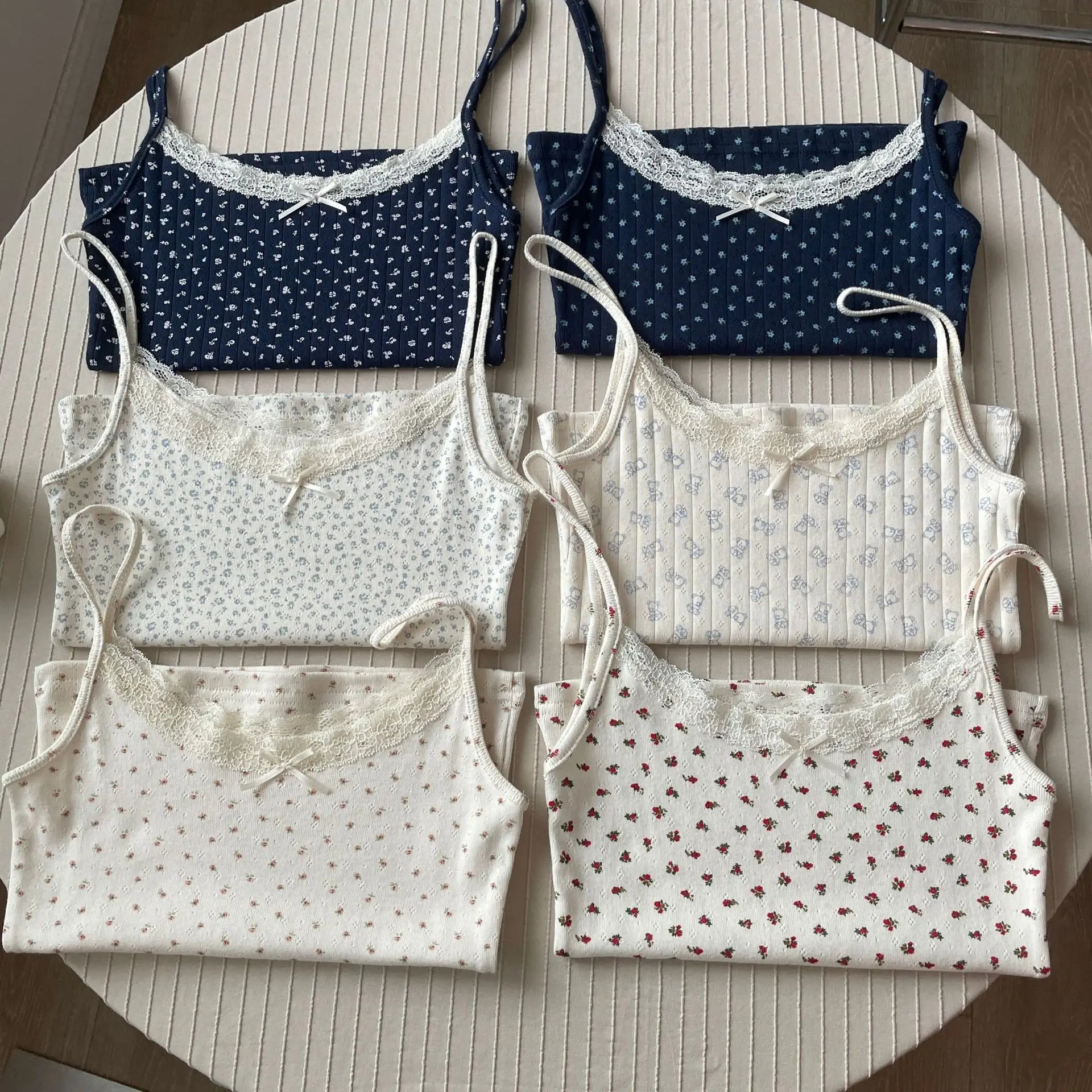 Floral Print Lace Trim Camis Women Summer New Bow Slim Sleeveless Crop Tops Vest Sweet Cute Sexy Preppy Style Tank Top Y2k Chic