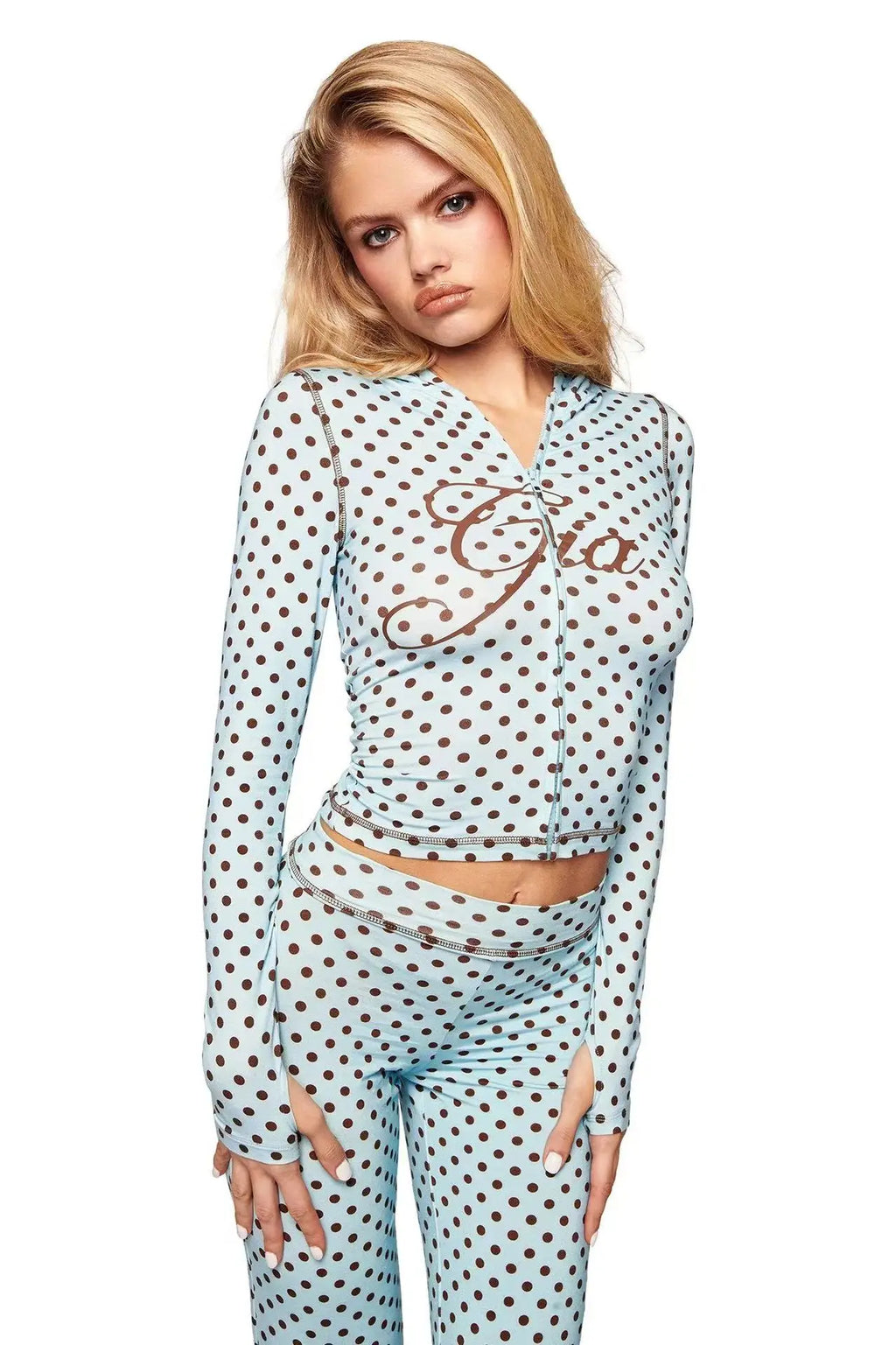 GIA New Velvet Zip-Up Hooded Jacket & Relaxed Loose Slim-Fit Pants Comfortable Minimalist Set in Blue