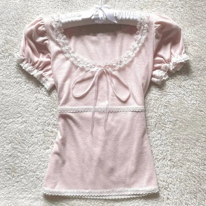 Deeptown Coquette Sweet T-shirts Women Pink Kawaii Bow Elegant Short Sleeve Tees Korean Fashion Lace Patchwork Slim T-Shirts