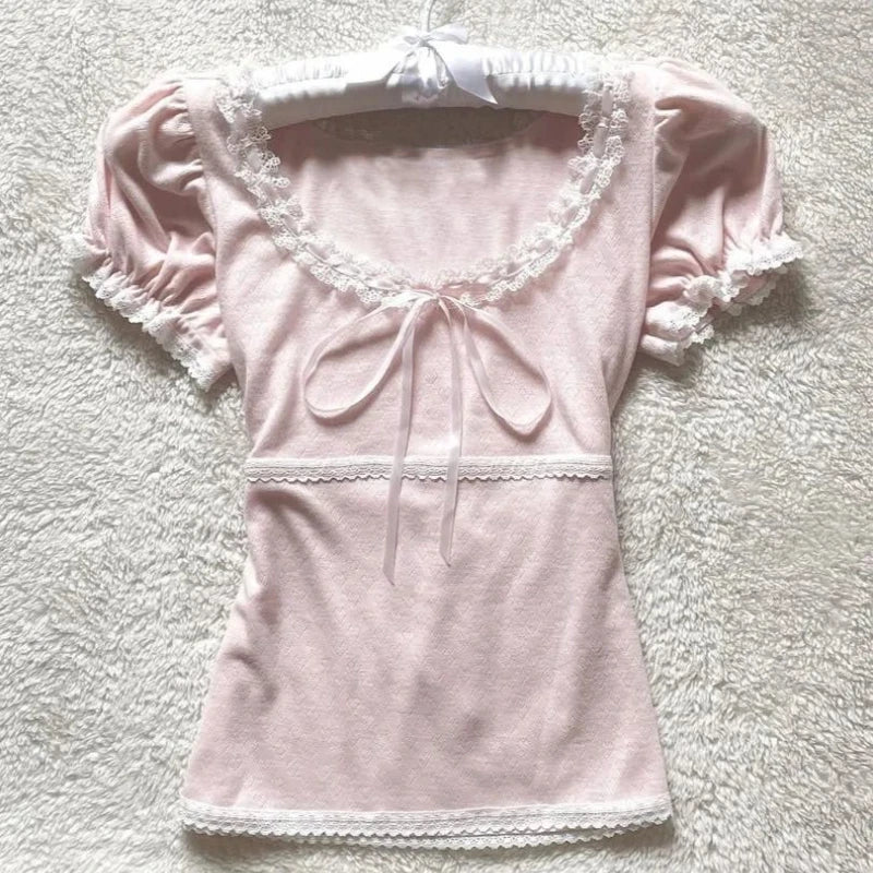 Deeptown Coquette Sweet T-shirts Women Pink Kawaii Bow Elegant Short Sleeve Tees Korean Fashion Lace Patchwork Slim T-Shirts