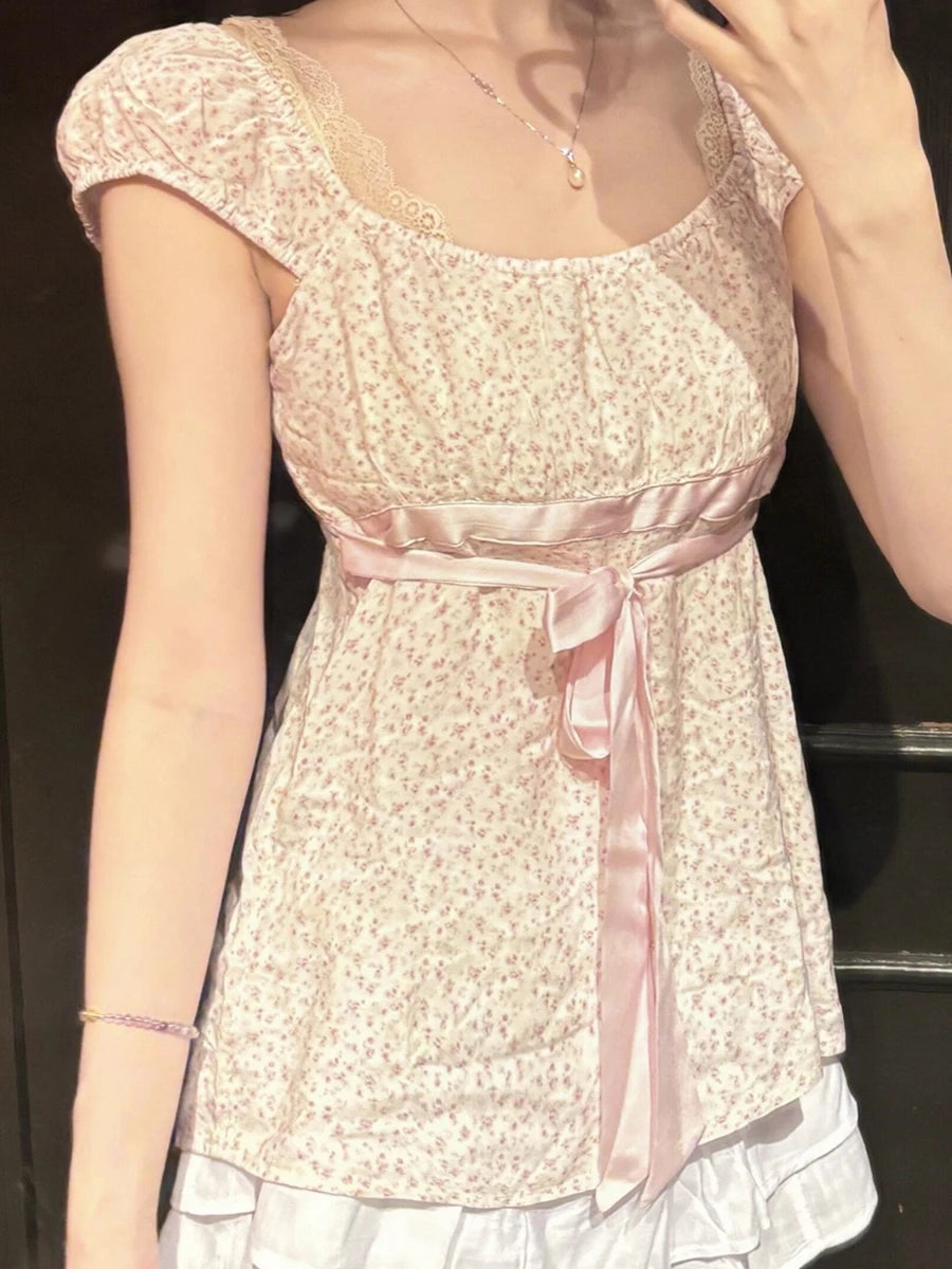 Pink Floral Print Cinched T-shirt Blouse Women Sexy Folds Square Collar Lace-up T-shirts Summer Sweet Vintage Backless Tops Tees
