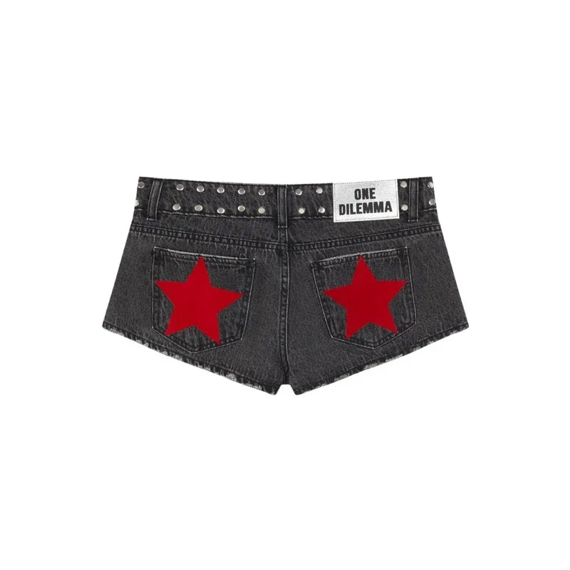 Y2K Low Waist Denim Shorts Women European American Casual Contrasting Loose Fashionable Back Sequin Star Print Hot Pants