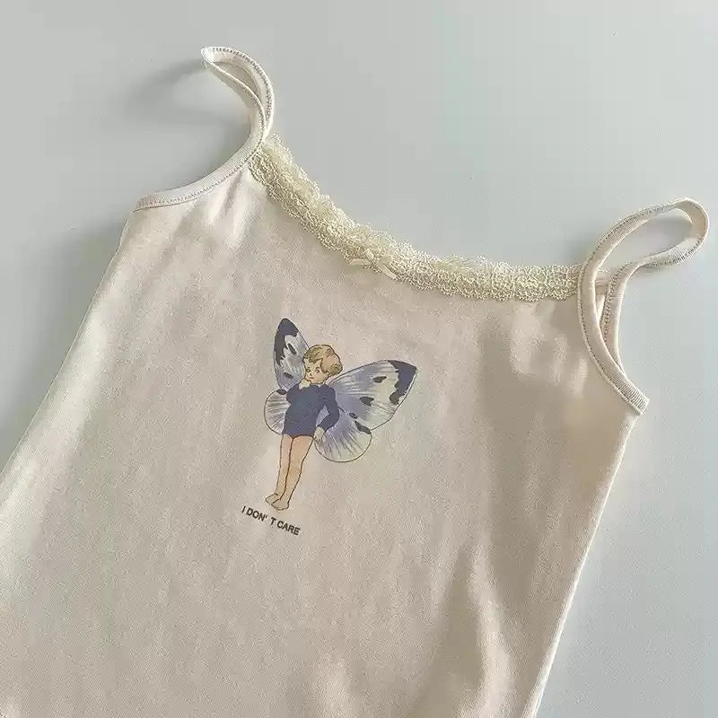 Cute Cartoon Lace Trim Tank Tops Women Summer New Slim Cotton Sleeveless Vests Vintage Sweet Preppy Style Camisole Y2K Clothes