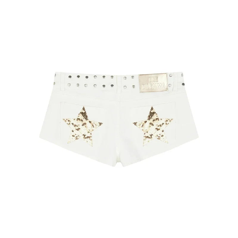 Y2K Low Waist Denim Shorts Women European American Casual Contrasting Loose Fashionable Back Sequin Star Print Hot Pants