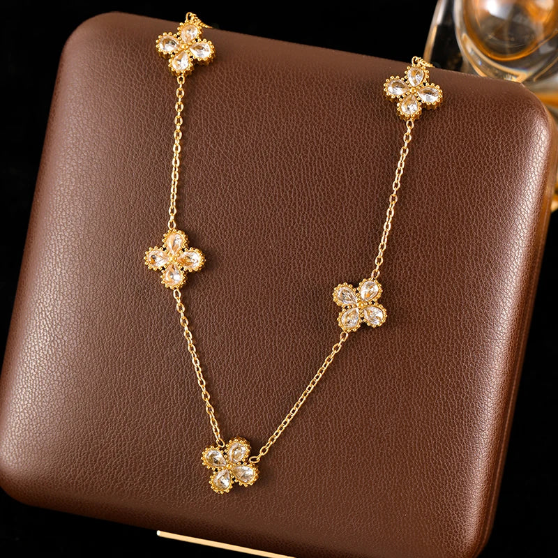 GANEMLY 316L Stainless Steel Clover Flower Zircon Necklace For Women 2025 Fashion Clavicle Neck Chain Waterproof Jewelry Gift